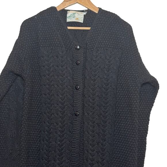 Donegal Knitters 100% Wool Black Cable Knit Made in Ireland Long Duster Sweater - Picture 3 of 8